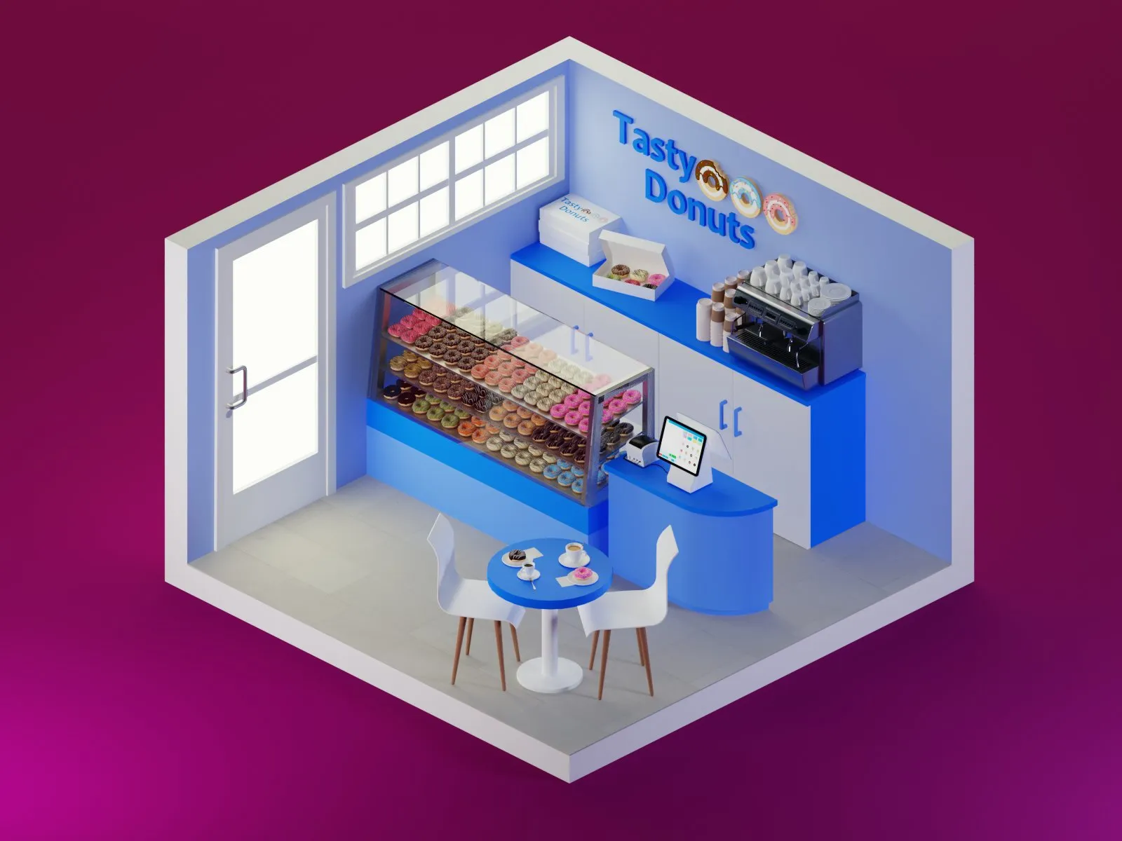Isometric donut shop 3D render
